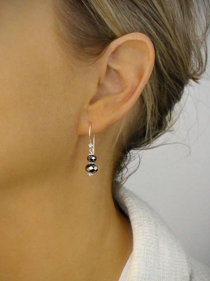 Rhodium plated earrings with Black Diamond Austrian crystals for wholesale by DIGE DESIGNS
