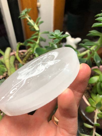 Etched Selenite Charging Plate, Moonphase Spirit Moth Design for wholesale by CrystalsAhoy