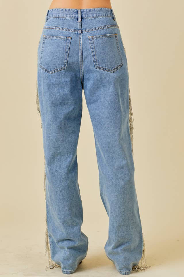 Side And Back Rhinestone Fringe Trim Denim Pants for wholesale on Faire2