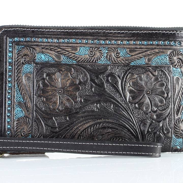 Leather Impressions Inc - Wholesale Wristlet - American Bison Tooled Leather Zip Around Wristlet5