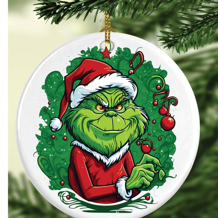 Grumpy Green Grump Face Ornament, Grinchy Ornament for wholesale by Shades Jewelry & Gifts
