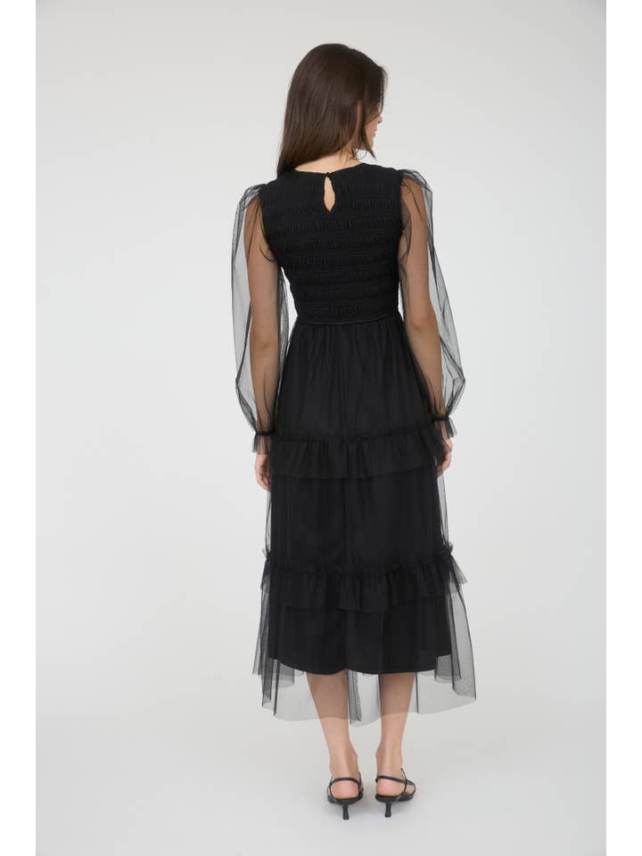 Black MESH SMOCKED LONG SLEEVE TIERED MIDI DRESS for wholesale on Faire1