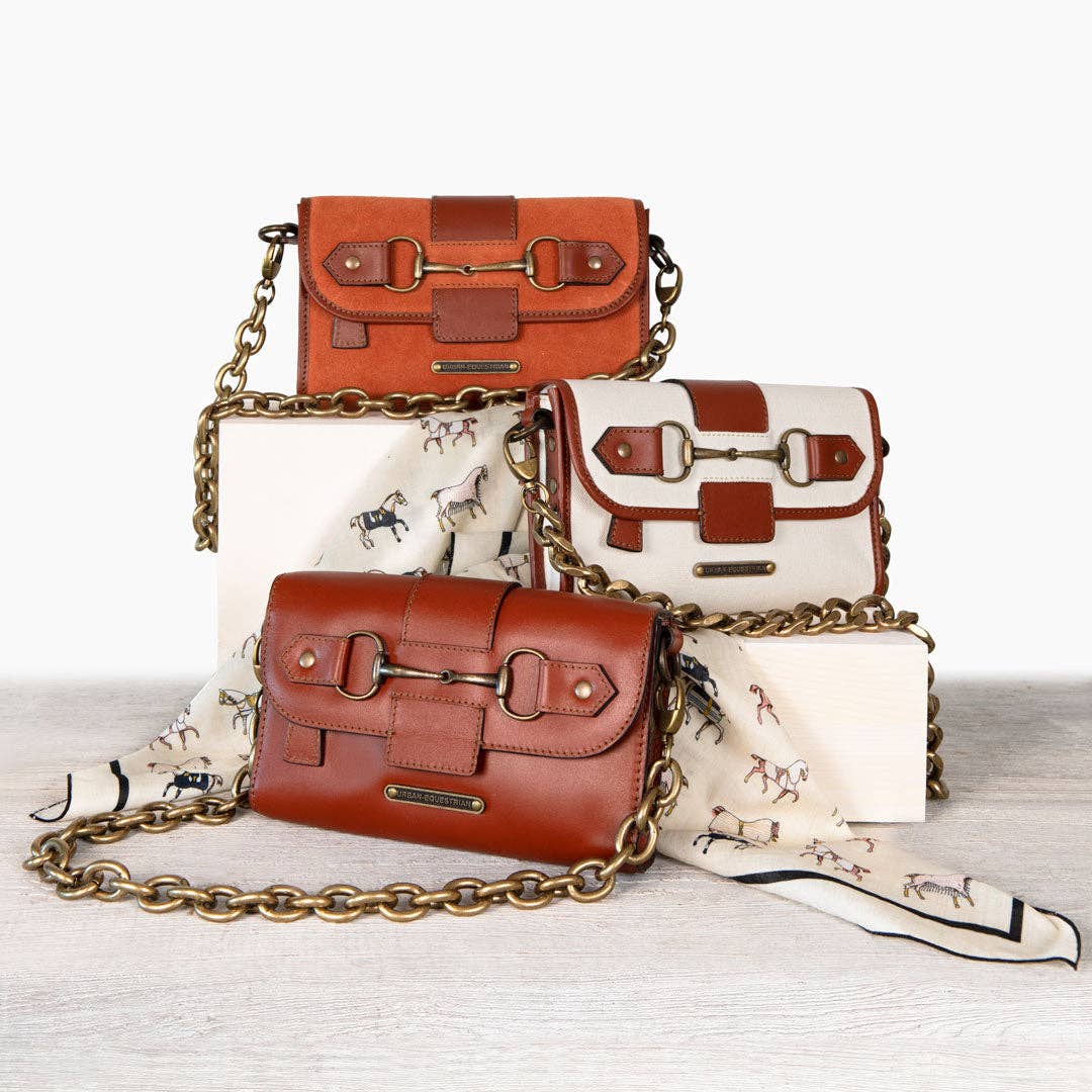 URBAN-EQUESTRIAN - Wholesale Crossbody Bag - Women's - Dalton - Horse Bit Crossbody Luxury Leather Handbag in Cognac on Ivory10