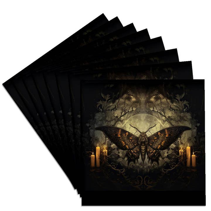3dRose, A gothic moth framed by glowing candles, against a mystical backdrop., Coaster for wholesale by 3dRose