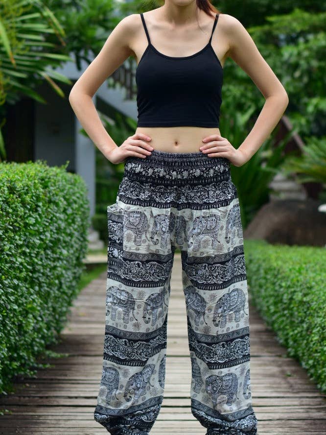 Black Elephant Herd Elasticated Waist Harem Trousers S-3XL for wholesale by Bohotusk