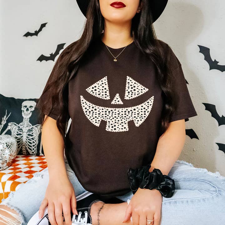 Dotted Pumpkin Face DTF Heat Transfer for wholesale by Trendy Transfers