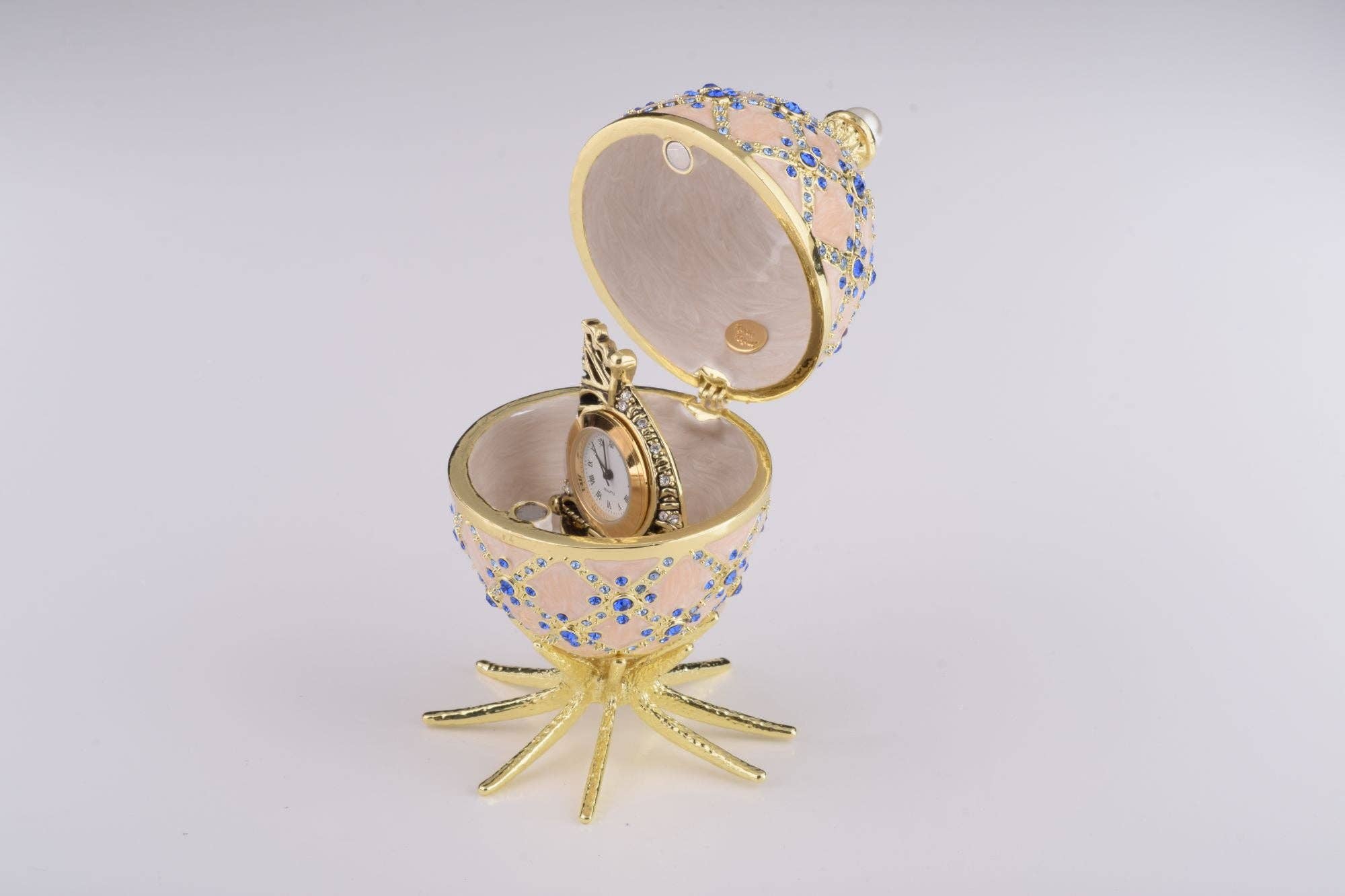 Keren Kopal - Venta al por mayor Cajas decorativas - Huevo Fabergé rosa con reloj en el interior4