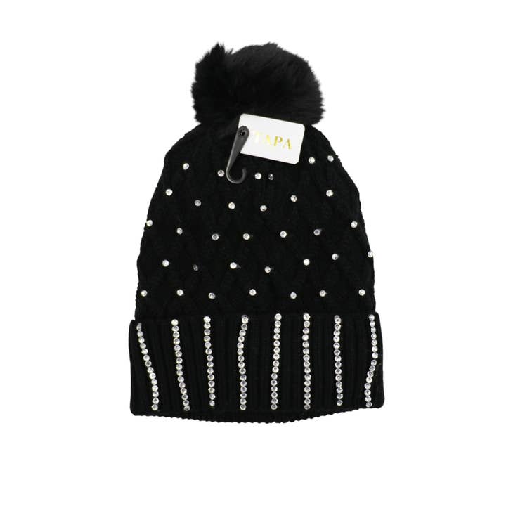 ASSORTED Pom Pom Knitted Beanie With Rhinestone HA4727-8 (12PC) for wholesale on Faire11