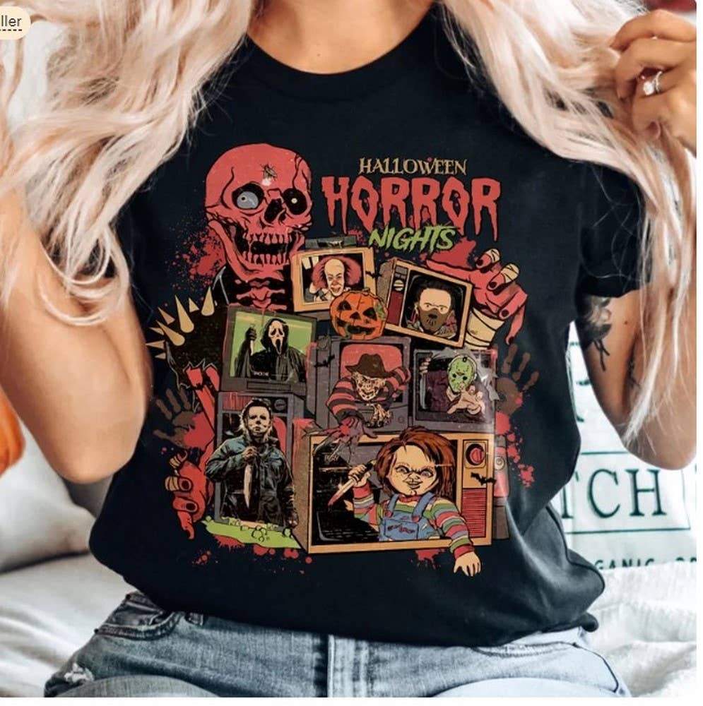 Black Retro Horror Night Shirt, Halloween Shirt, Vintage 90s Hallo for wholesale on Faire