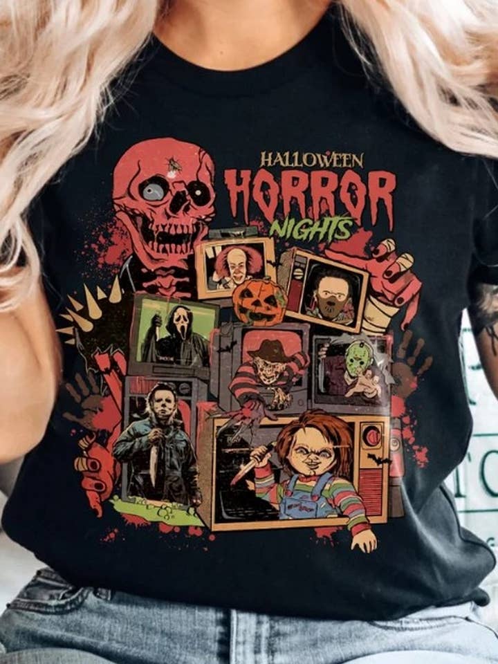 Black Retro Horror Night Shirt, Halloween Shirt, Vintage 90s Hallo for wholesale on Faire0