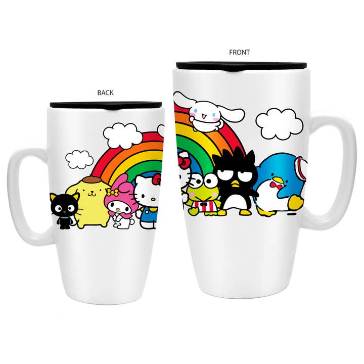 Silver Buffalo - Wholesale Coffee Mug - Sanrio Group Shot Rainbow 16oz Ceramic Travel Mug w/ Lid