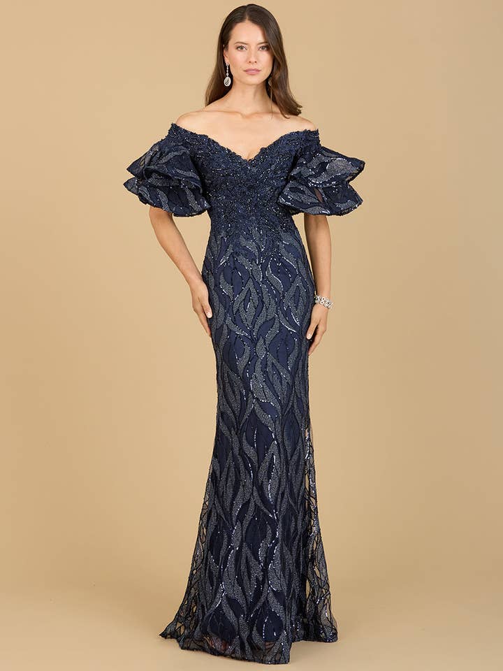 Lara New York - Wholesale Gown - Women's - Off Shoulder Mermaid Beaded Gown with Tiered Sleeves1
