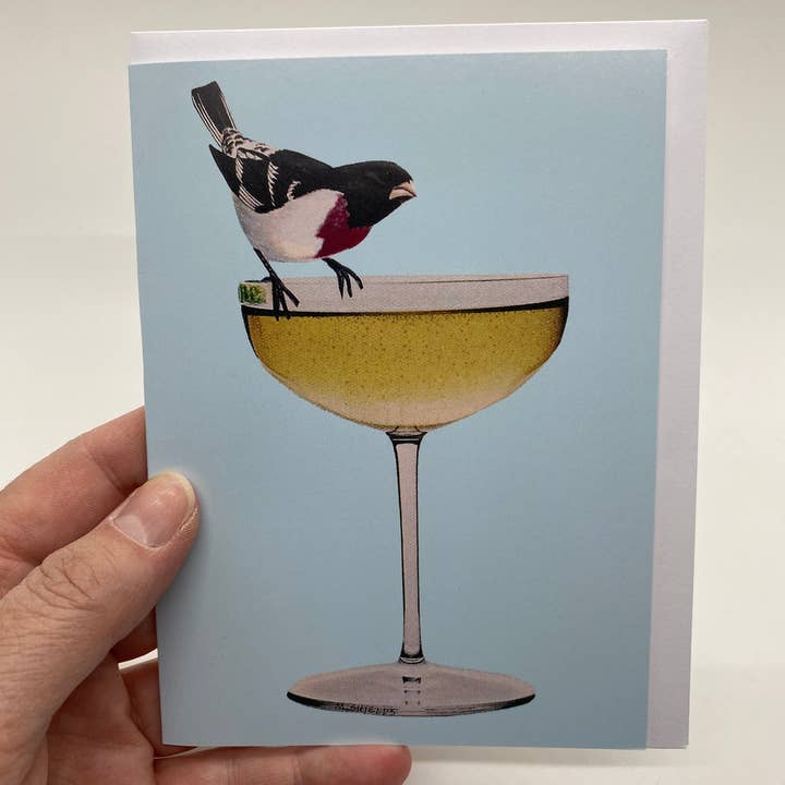 Bird on Champagne Coupe Glass Card for wholesale by Maureen Shields