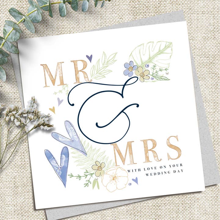 Mr & Mrs with love on your Wedding Day - floral lettering for wholesale by Katie Phythian Design