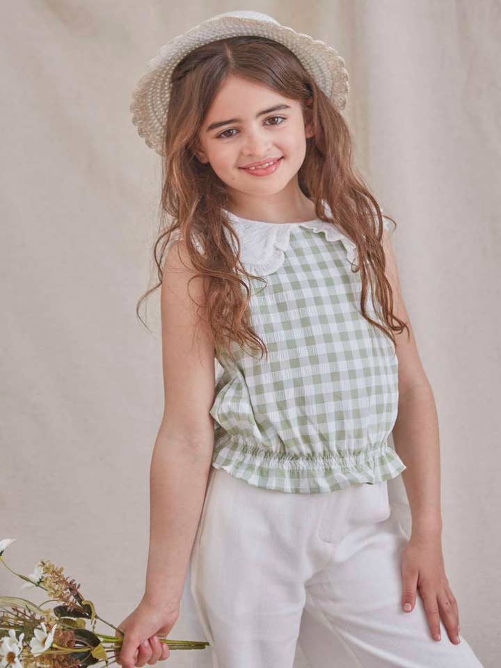 Vichy Checkered Girl's Blouse With Contrast Collar for wholesale by Dadati