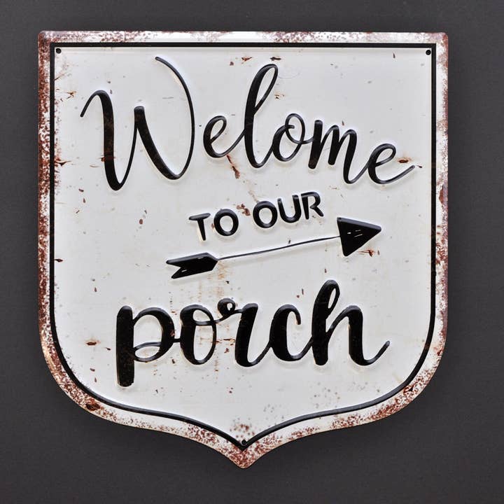 Targa metallica 3D con scritta «Welcome To The Porch», 33 x 30,5 cm per la vendita all'ingrosso da parte di inVintage