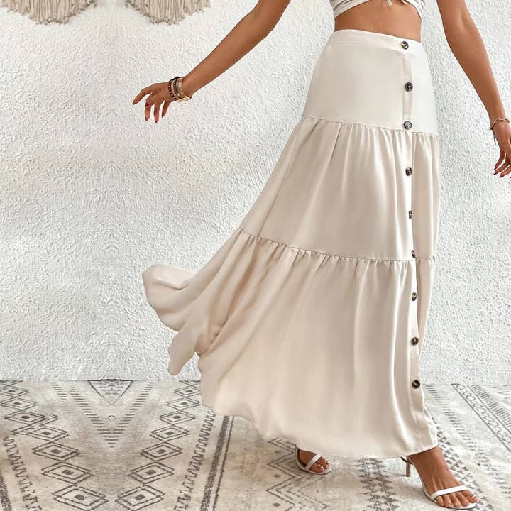 Apricot Stylish Elasticated Waist Button Panelled Maxi Skirt for wholesale on Faire