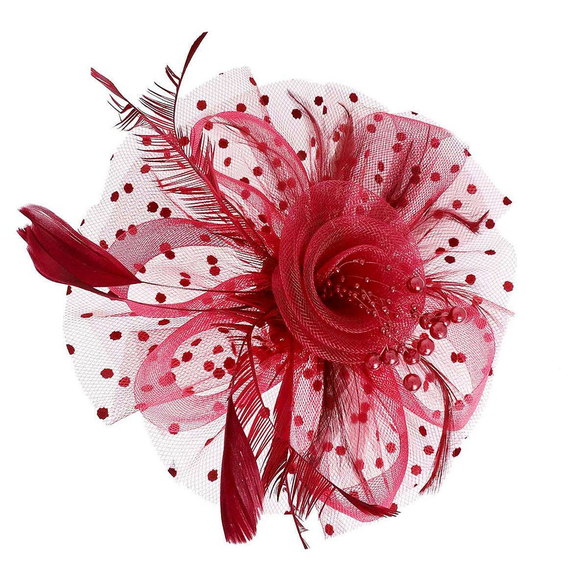 Burgundy Flower Feather Polka Dot Fascinator for wholesale on Faire4