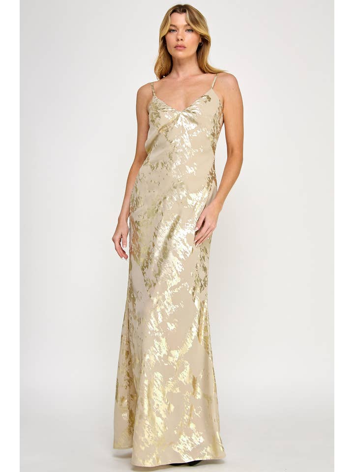 Vestis M - Wholesale Dress - Women's - Gold Foil Open Back Sleeveless Maxi Dress