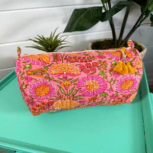 Set of 3 Pieces Toiletry Bag, Cotton Quilted Wash Bags, Toiletry Bags,  Block Printed Floral Design Makeup Pouch Zipper Bag, Cosmetic Bag 