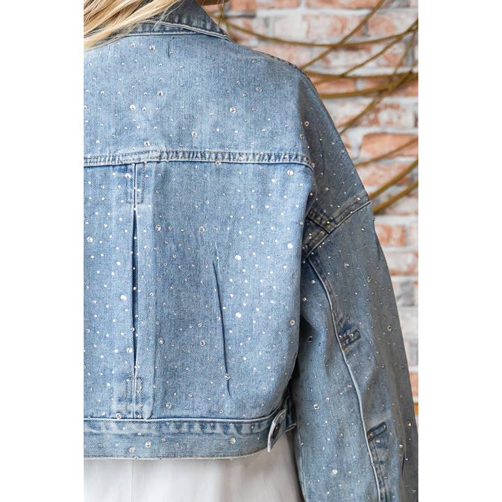 Med Wash Rhinestone Stud Cropped Puff Denim Jacket for wholesale on Faire