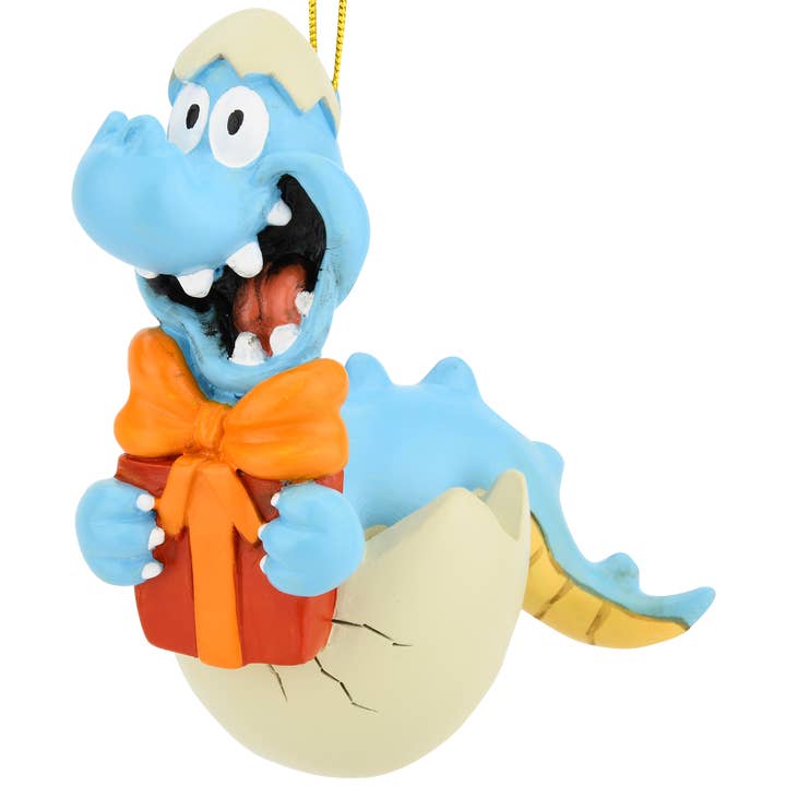 Baby Dinosaur Hatching with Present Christmas Ornament for wholesale by Tree Buddees