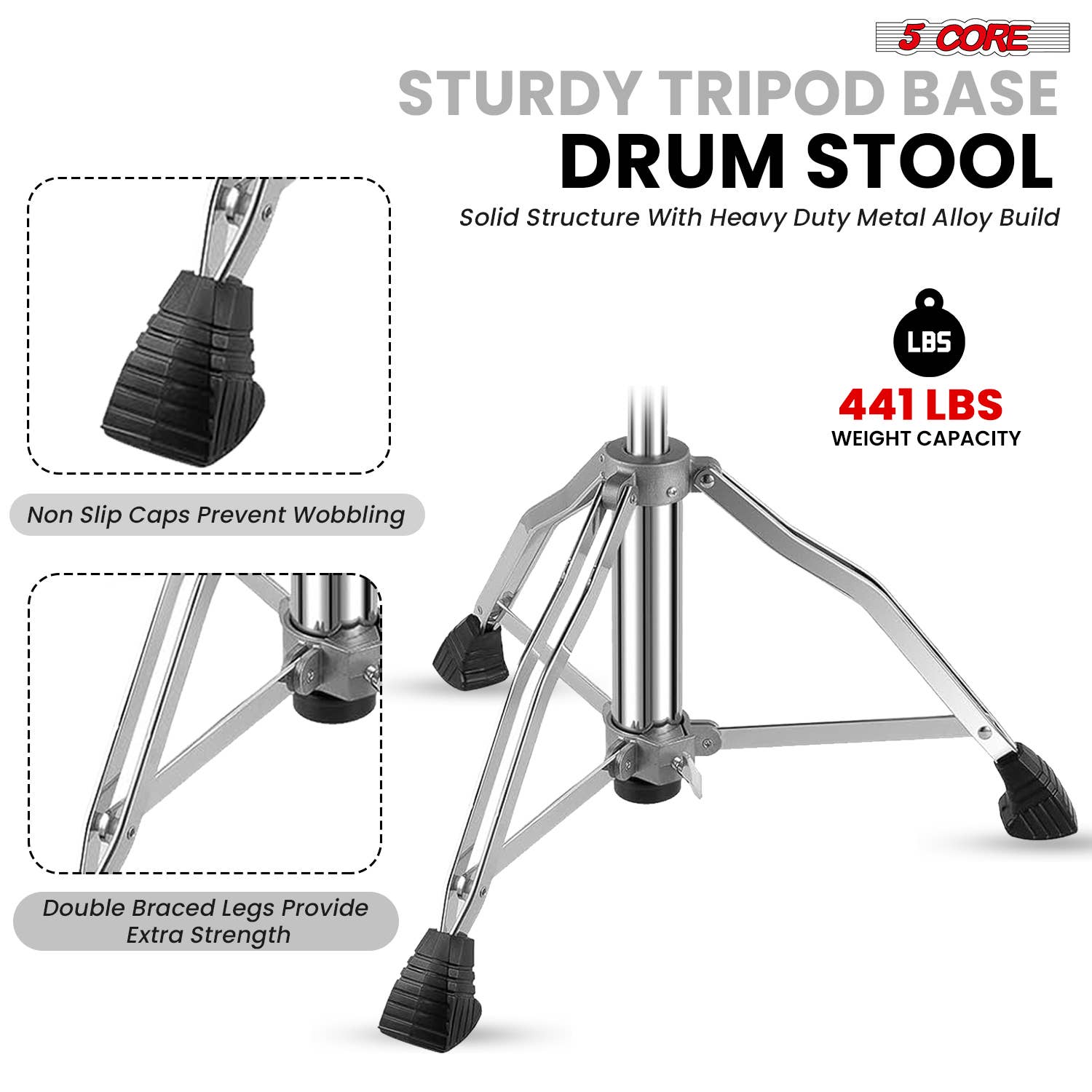 K Cube Inc - Wholesale Musical Instrument - 5 Core Drum Throne Backrest 4" Padded Adjustable 441Lb Stool4