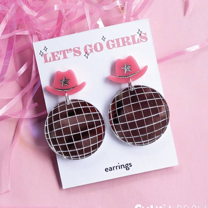 "Let's Go Girls" Disco Ball Cowboy Hat Earrings for wholesale by Sylvia Draws