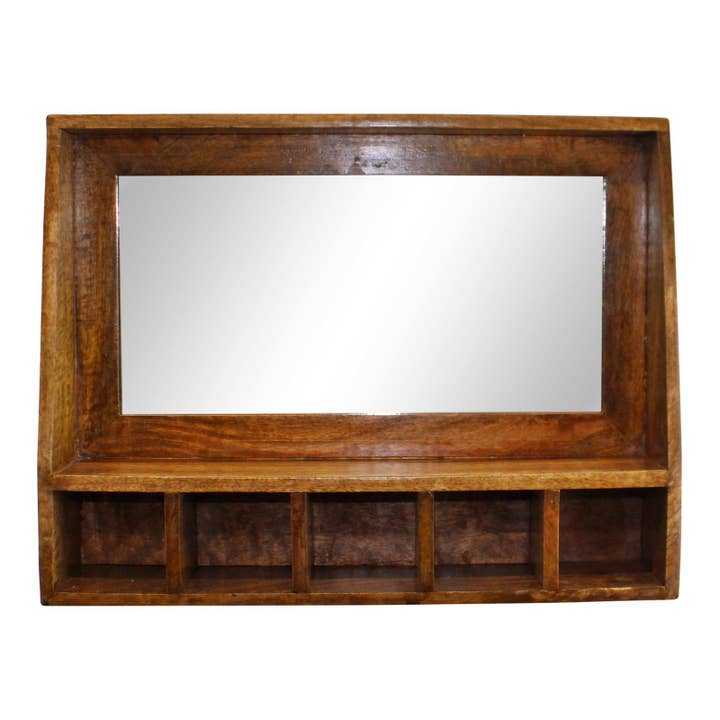 Brown Mango Wood Wall Shelf With Mirror & Storage Slots for wholesale on Faire