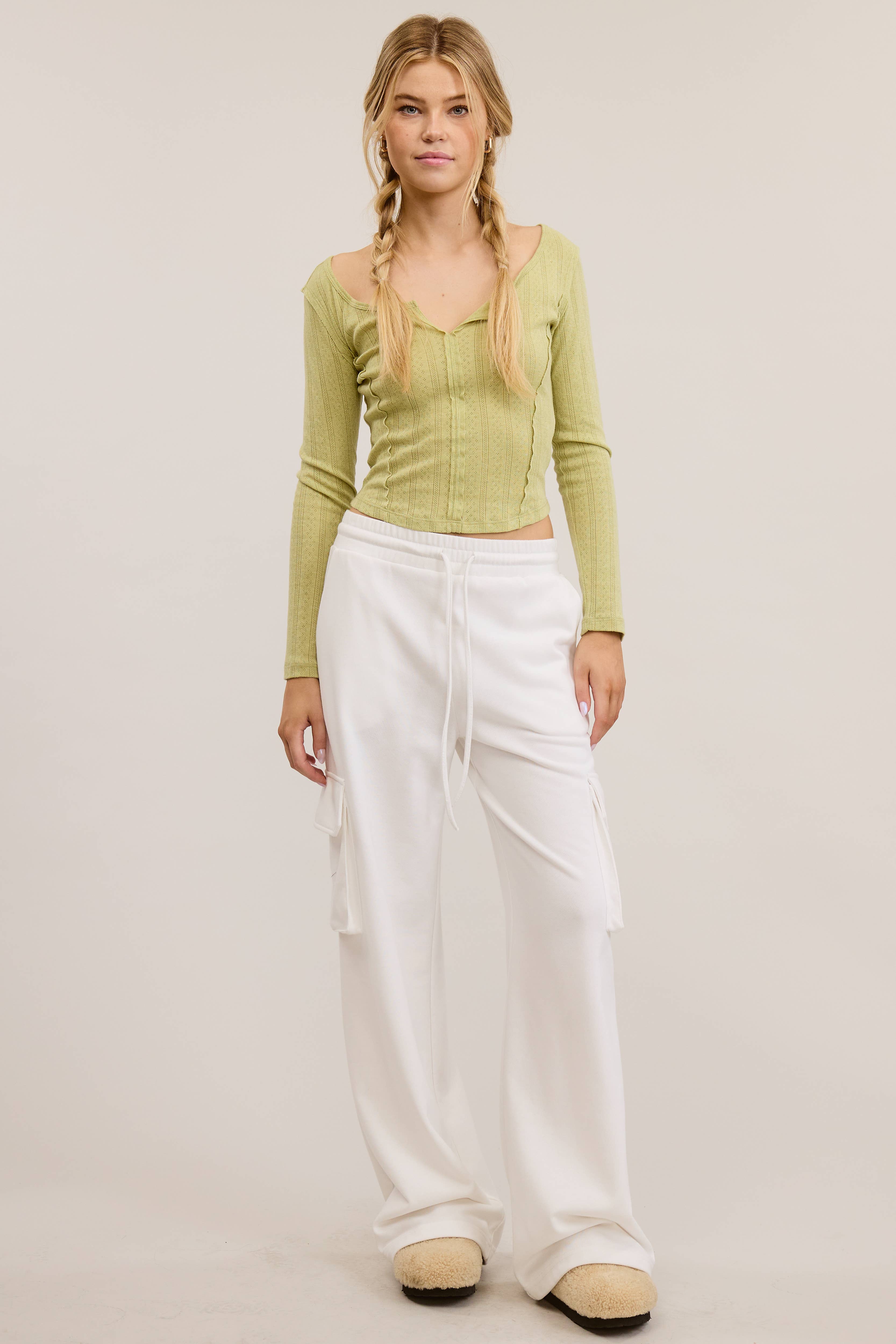 Mimosa - Wholesale Knit Top - Women's - Long Sleeve Pointelle Knit Top with V-Notch Collar3