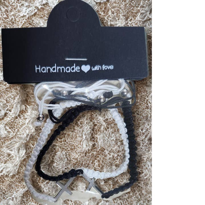 Paradise Island Gold and Silver - Wholesale Woven/Braided Bracelet - 50 Cross Charm Friendship Bracelets +Free Heart Prayer bowl