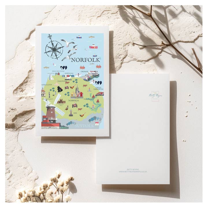 Cartolina con Mappa di Norfolk per la vendita all'ingrosso da parte di BETTY BOYNS MAPS