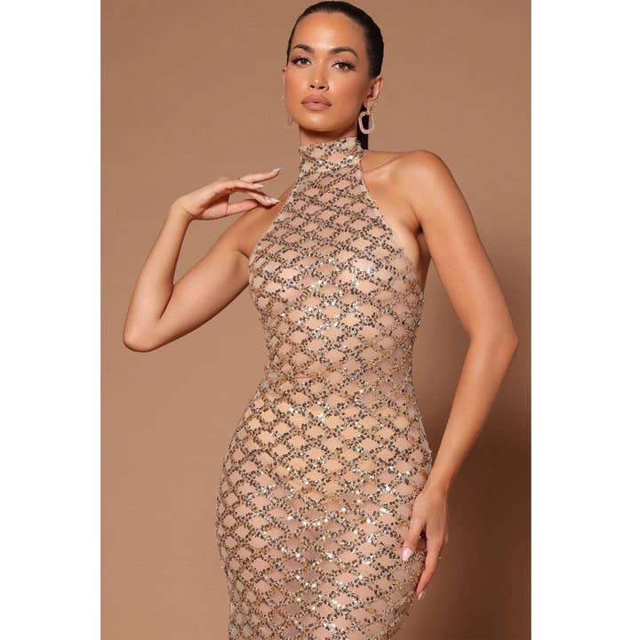 VividLux – wholesale Dress – Women's – Spring Sexy Backless Nightclub Party Formal Dress Rhinestone Sequined Transparent Dress