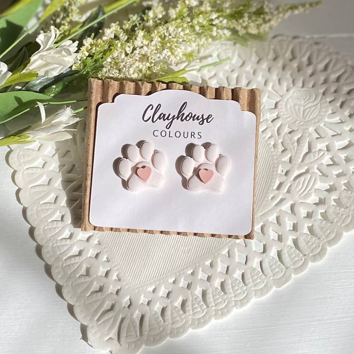 Clayhouse Colours - Wholesale Stud/Post Earrings - Paw Print Heart Clay Studs1