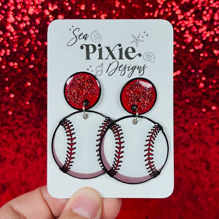 Baseball Red Glitter Sports Team Dangle Earrings for wholesale by Sea Pixie Designs