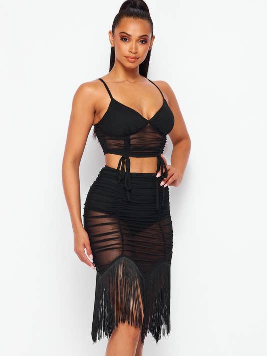 SPAGHETTI STRAP CROP TOP AND FRINGE SKIRT SET for wholesale by Pink Irene Wholesale