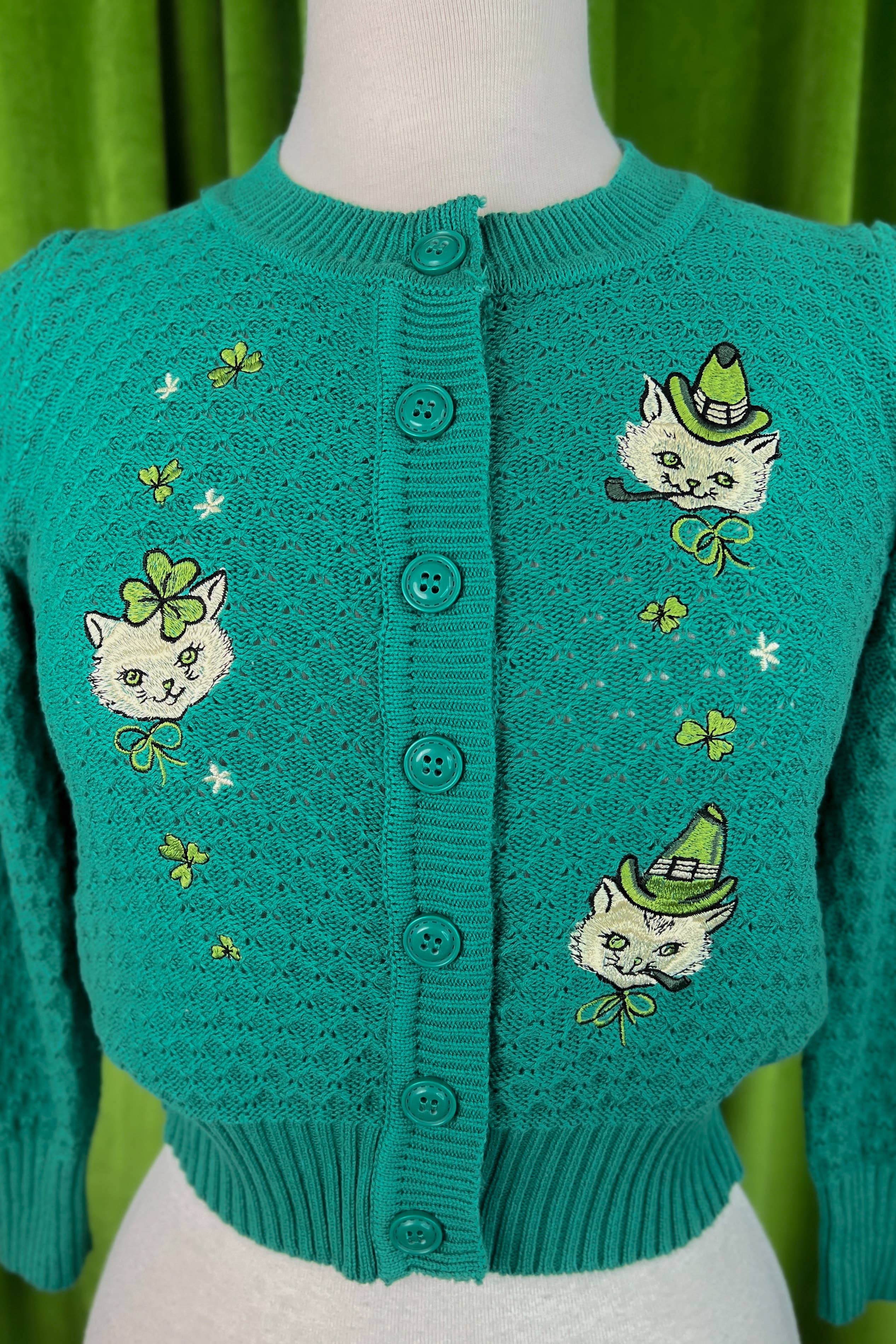 Mischief Made - Wholesale Cardigan - Women's - Paddy Cats Cropped Cardigan in Green2