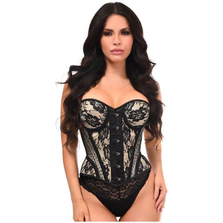Top Drawer Nude con corsetto in acciaio con ferretto disossato in pizzo nero per la vendita all'ingrosso da parte di Daisy Corsets