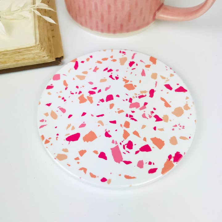 Pink Orange Round Terrazzo Style Coasters for wholesale by The Abstract Bee