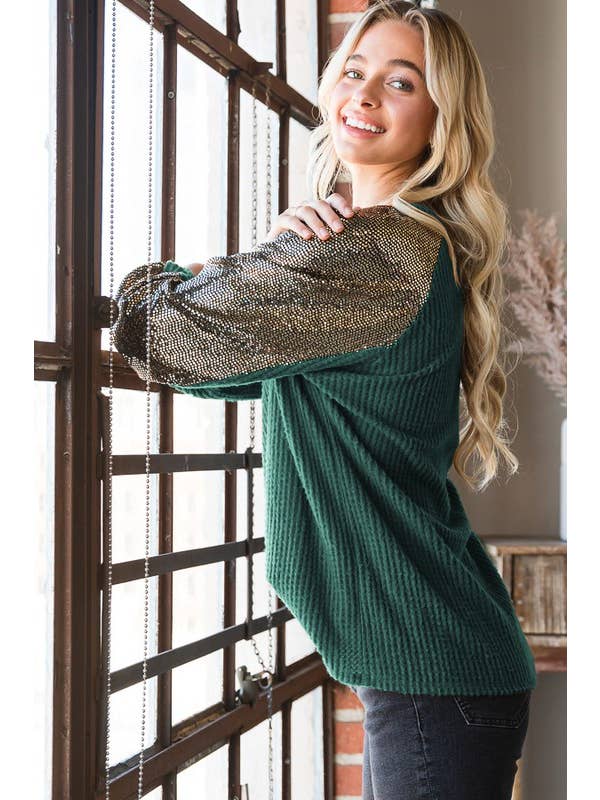 HEIMISH – wholesale Sweatshirt – Women's – ET6837-10 SOLID WAFFLE AND SEQUINS TOP