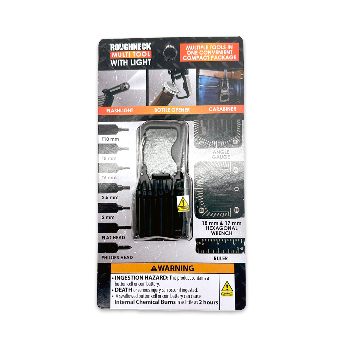 Novelty Closeout - Wholesale Handy Tool - Roughneck Multi-Tool 14-in-1 Carabiner with Light2