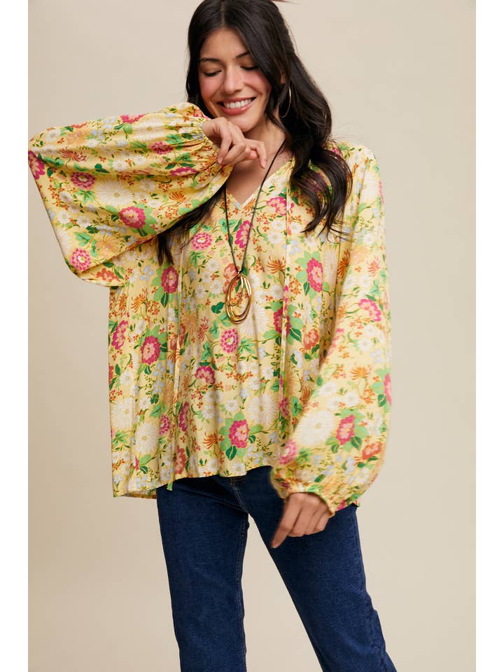 Light Yellow Sunlit Garden Balloon Sleeve Blouse for wholesale on Faire