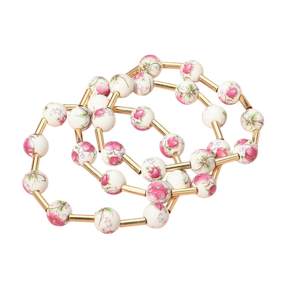 Sensibling Corp. - Wholesale Beaded Bracelet - 3PCS - Floral Ceramic Ball Beaded Stretch Multi Layered Bracelets5
