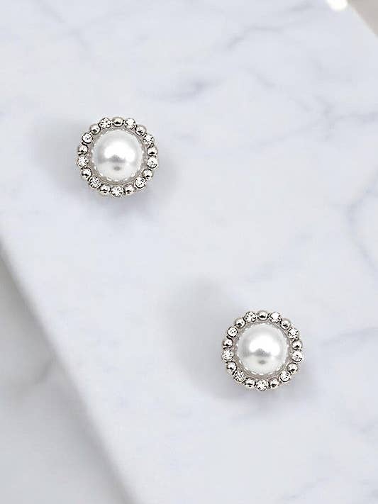 RHINESTONE FRAMED PEARL POST EARRING for wholesale by Andrea Bijoux