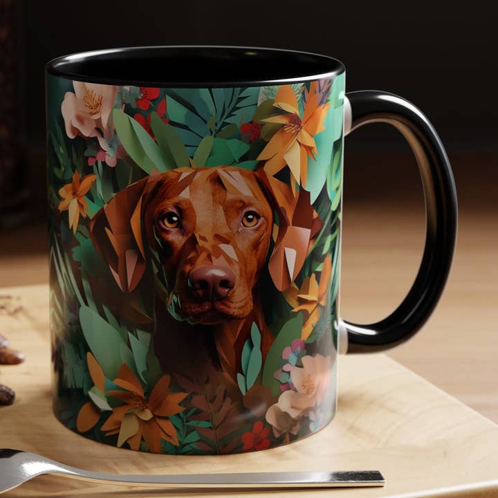 Vizsla Kaffeetasse mit Blumenakzent — Hundeporträt, botanisch 11/15oz für den Großhandel von Le Paperie Co