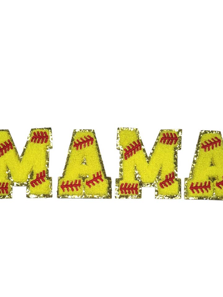 Softball Chenille Iron On Gold Glitter Letter Patches for wholesale by Scratch Decor