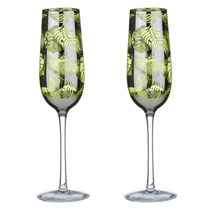 Set of 2 Tropical Leave Champagne Flutes for wholesale by The DRH Collection Ltd