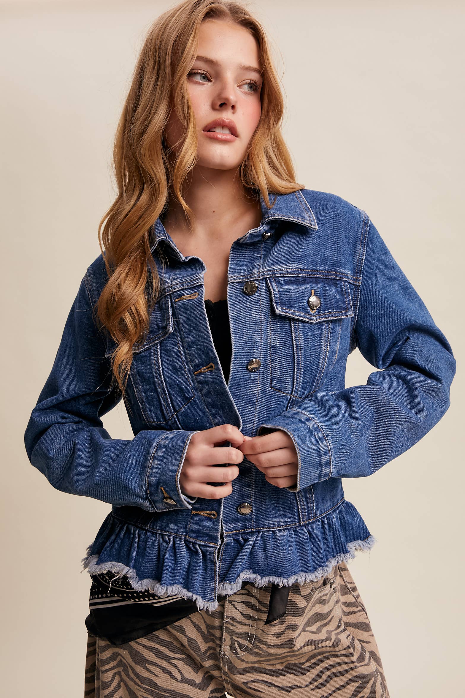Listicle - Wholesale Denim Jacket - Women's - Ruffled Hem Denim Jacket LJ023616