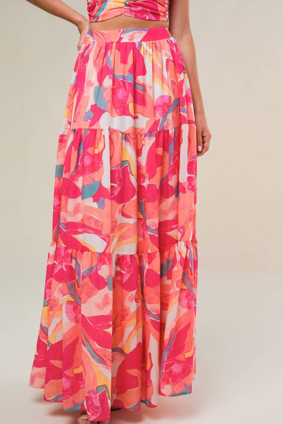 ELFENBEIN FUCHSIE Ein bedrucktes Set aus gewebtem Oberteil und Rock -IT13092-SET für den Großhandel auf Faire4