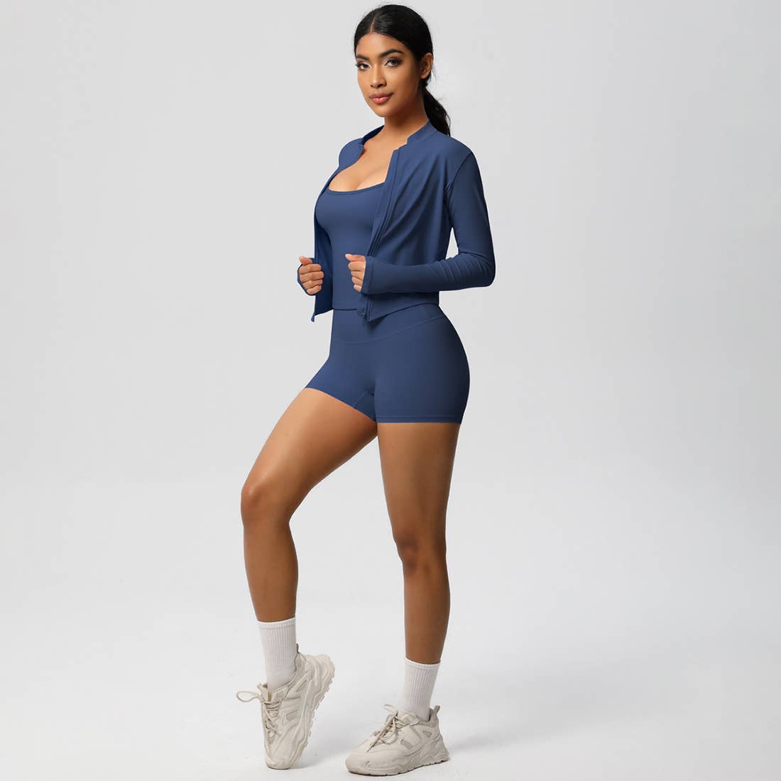 Sodalemon – Conjunto de desporto – Mulher por atacado – Conjunto feminino de yoga justo: top esportivo com interior escovado, jaqueta com zíper e shorts9